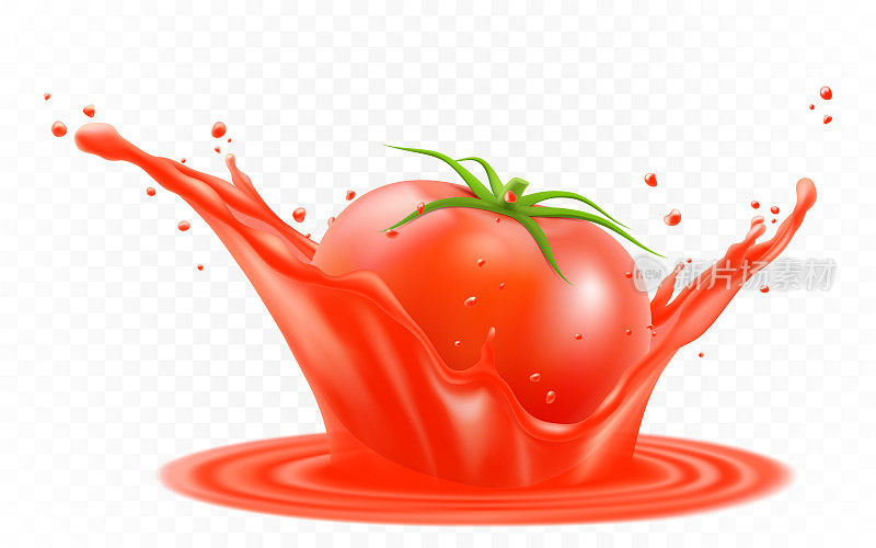 现实成熟的西红柿在红色多汁飞溅。三维矢量番茄汁爆炸健康，有机产品包装设计。溅起清新的饮料，流淌着动感的番茄汁
