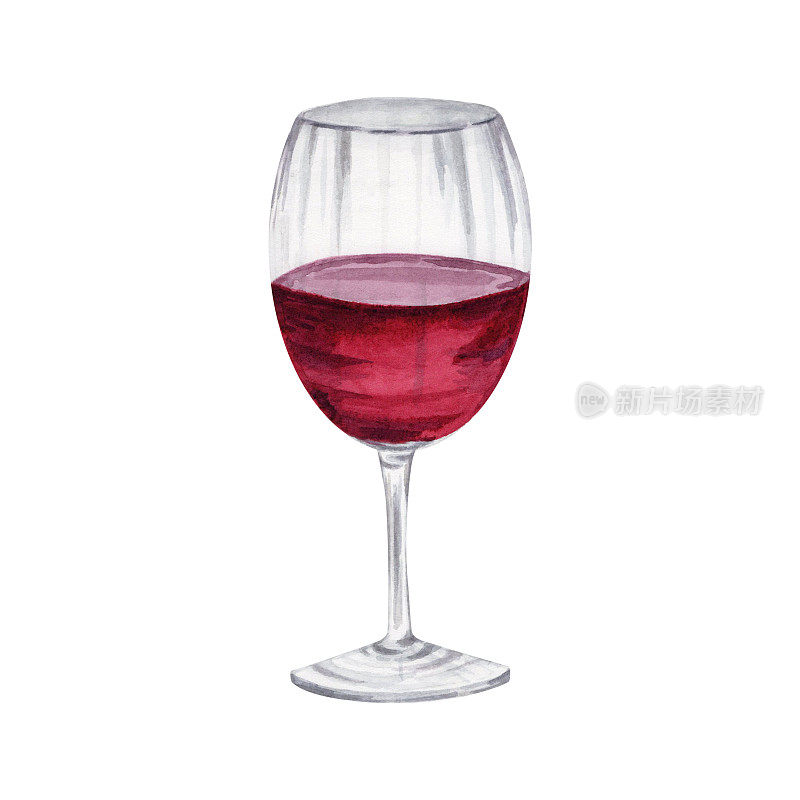 水彩红酒杯孤立在白色的背景。手绘插图