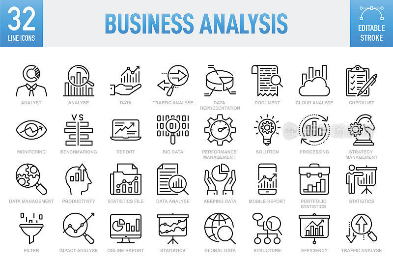 业务分析-细线矢量图标集。像素完美。可编辑的中风。移动和Web。这组图标包括:分析、数据、大数据、研究、检查、图表、示意图、专业知识、规划、建议