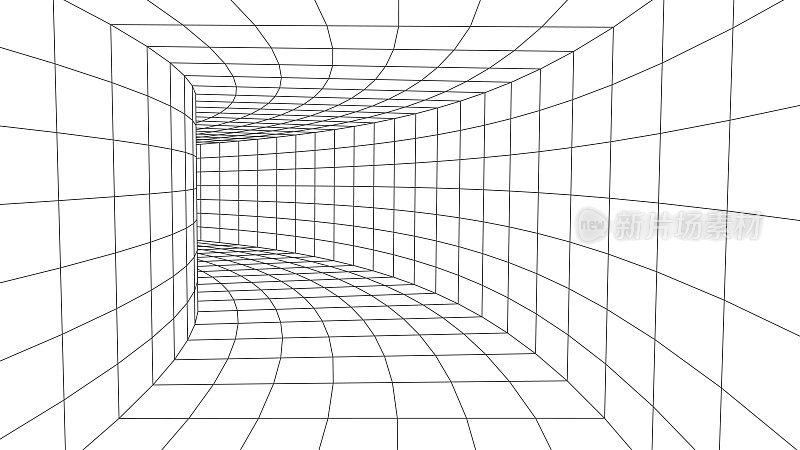 白色线框房间。空透视框。未来的数字网格立方体。虚拟现实中的网络空间。矢量插图。