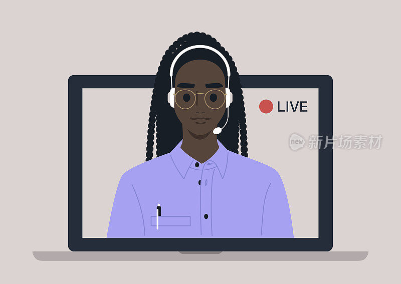 直播活动，年轻的非洲女博主正在举办一场在线直播活动，一个网站界面