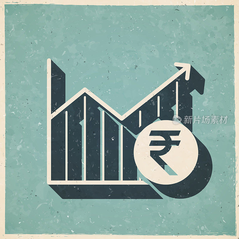 印度卢比硬币的增长图表。图标复古复古风格-旧纹理纸