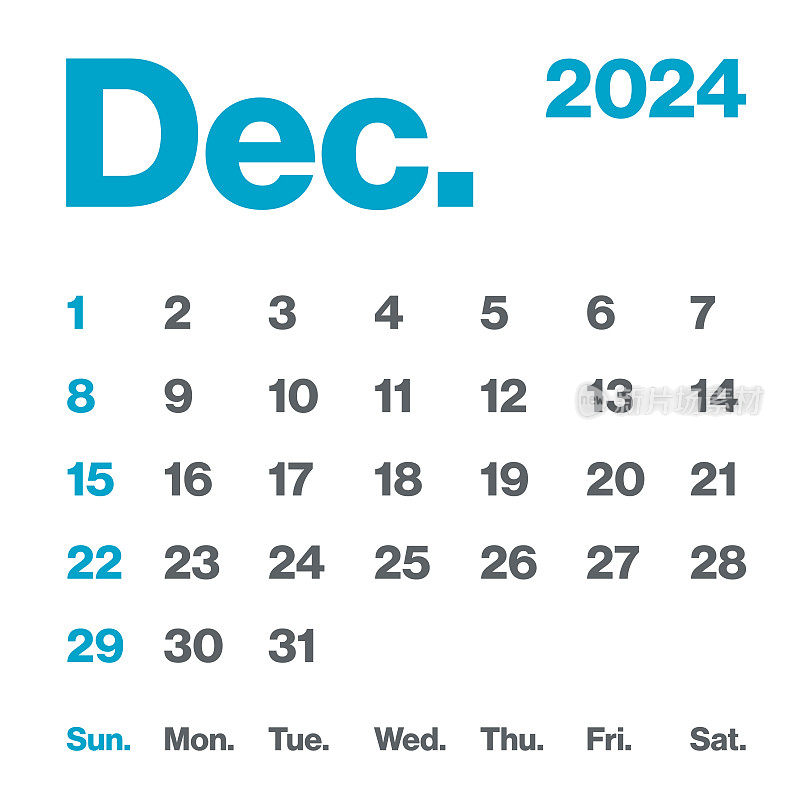 2024年12月-月历。极简风格的方形日历。向量模板。一周从周日开始