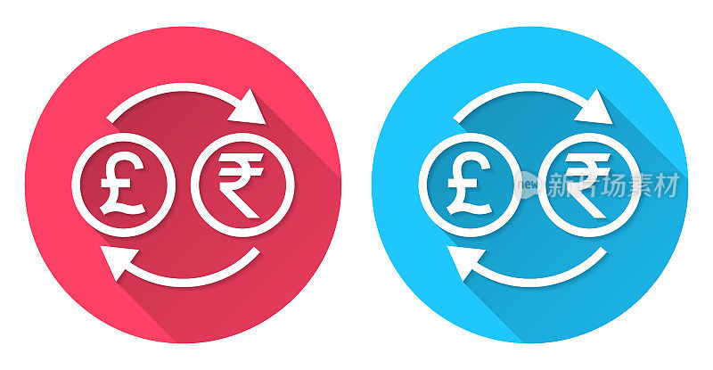 货币兑换-英镑印度卢比。圆形图标与长阴影在红色或蓝色的背景