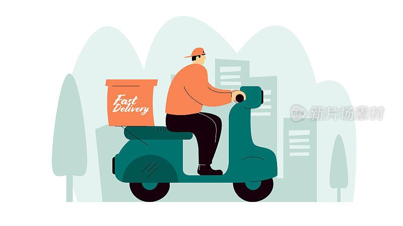 一个矢量插图的送货员骑着摩托车与城市景观的背景。