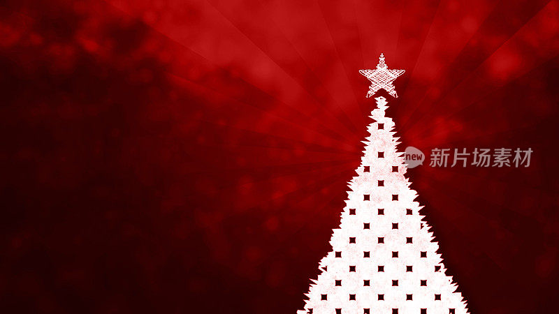 模糊的暗红色栗色圣诞背景与一个大的白色斑点装饰圣诞树和闪烁的星星在一缕基础背景与阳光或光束光环