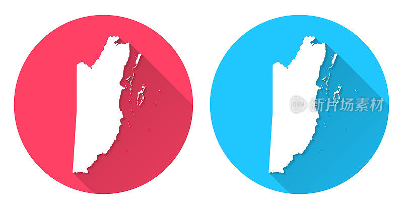 伯利兹的地图。圆形图标与长阴影在红色或蓝色的背景