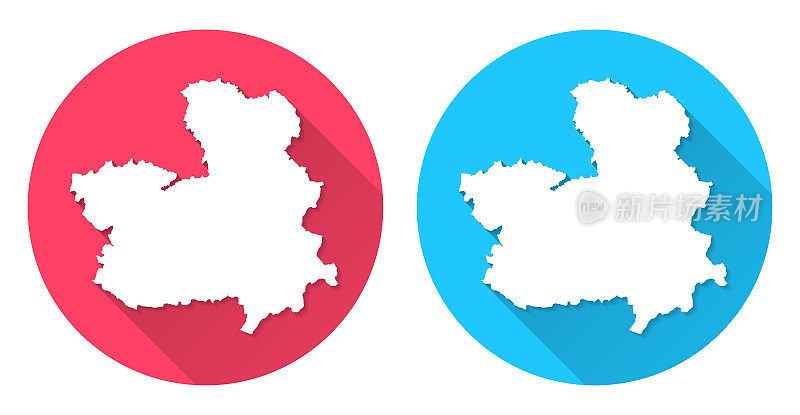 卡斯蒂利亚-拉曼查地图。圆形图标与长阴影在红色或蓝色的背景