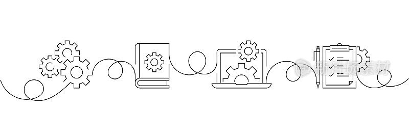 连续单线绘制工程图标的概念。单线矢量插图。机械，技术，系统集成。