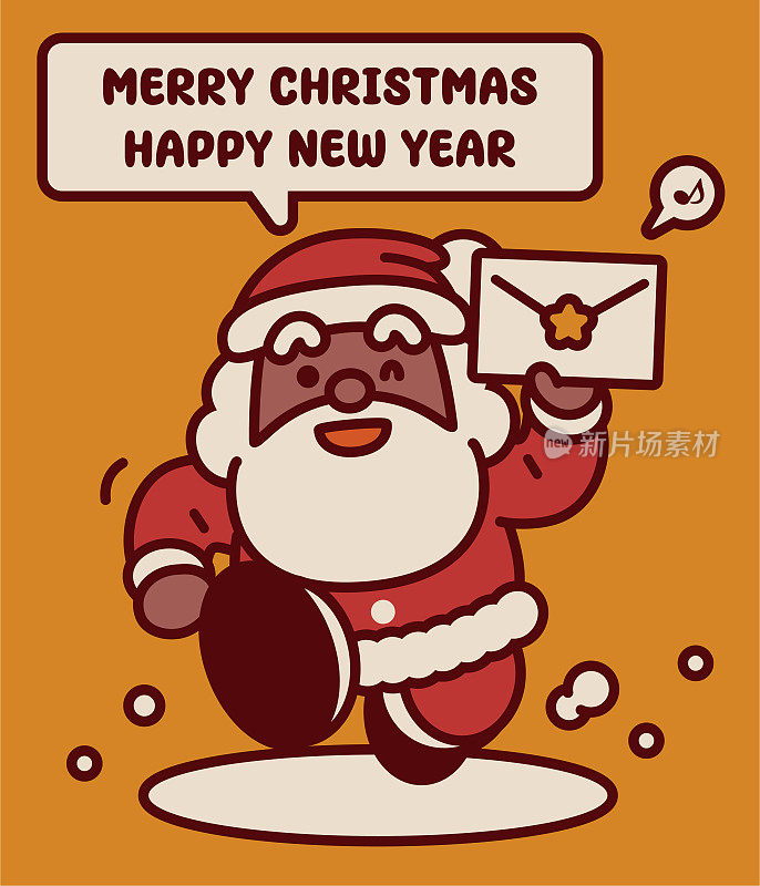 可爱的黑色圣诞老人跑向镜头，给你递上一封信，祝你圣诞快乐，新年快乐