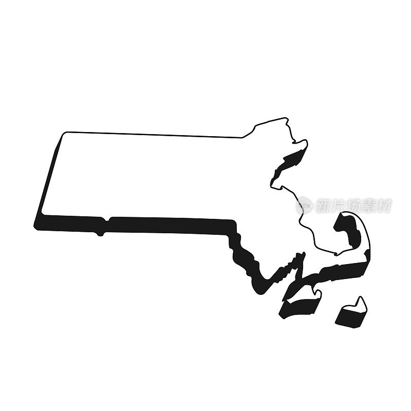 麻萨诸塞州地图，白色背景上有黑色轮廓和阴影