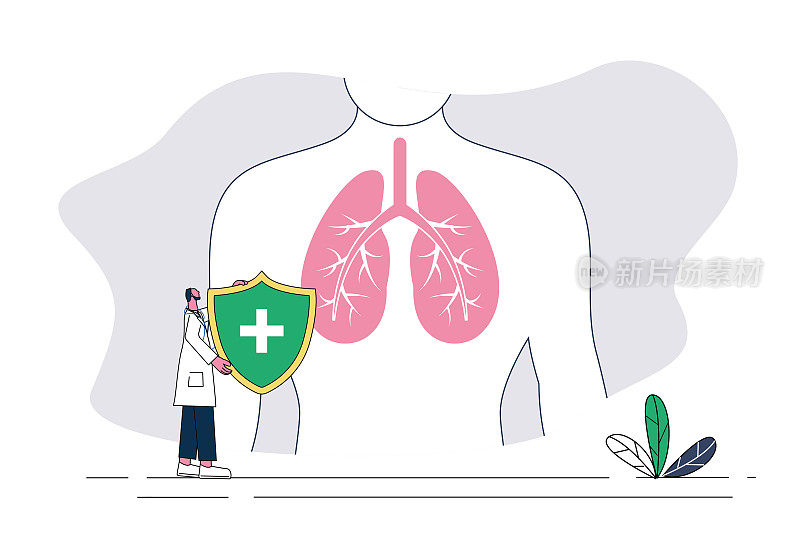 男医生用盾牌护肺，说明护肺健康理念。