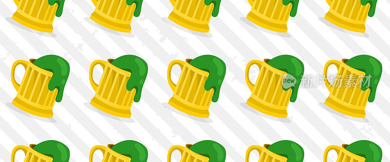 圣帕特里克节啤酒图标图案背景-在金色马克杯涂鸦绿色啤酒-圣帕特里克节符号-手绘绿色啤酒-圣帕特里克节庆祝活动-可循环元素-无缝背景