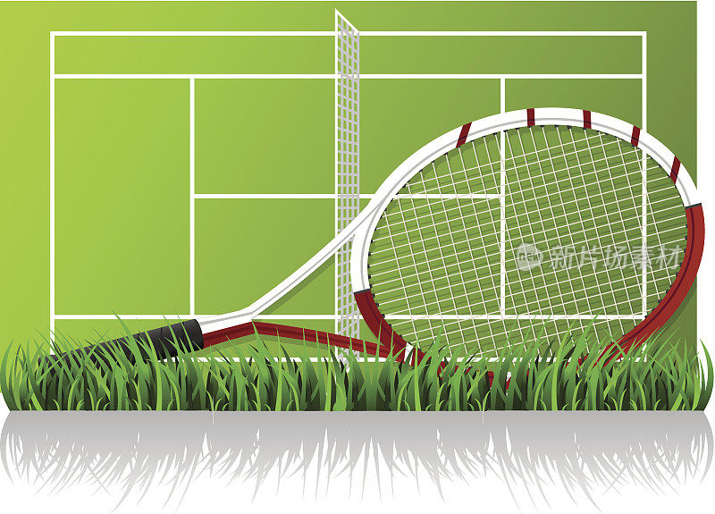 网球拍在网球场前的草粘土