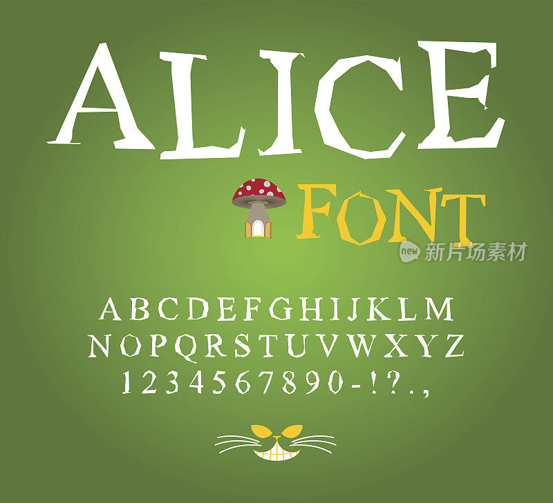 爱丽丝梦游仙境字体。仙女ABC。疯狂的字母柴郡猫。