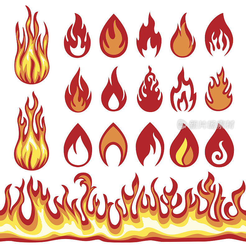 一套火焰图标。火的象征。矢量插图。