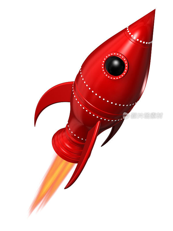 红色复古风格的火箭船在白色之上