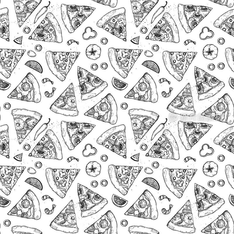 手绘矢量无缝模式-披萨。披萨种类:意大利辣香肠、玛格丽特披萨、夏威夷披萨、蘑菇披萨。素描风格