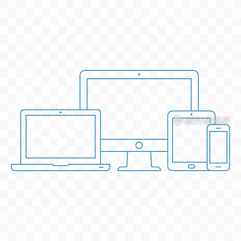 现代电子设备。个人电脑、笔记本电脑、平板电脑和手机的线条风格插图。