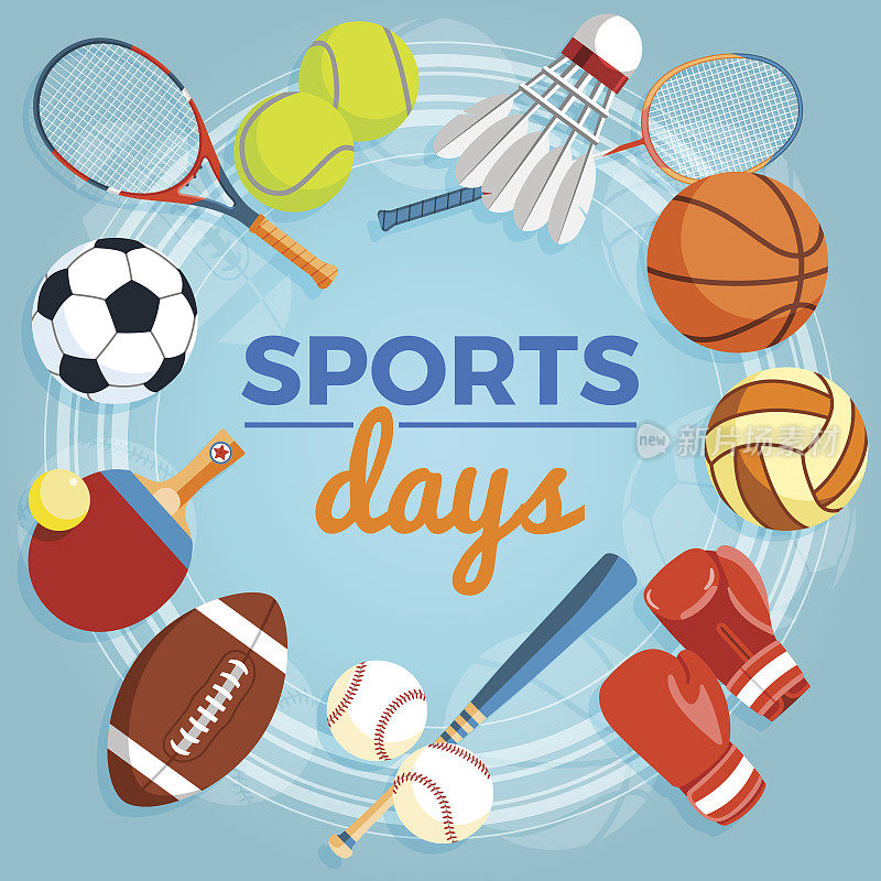 一套彩色的运动球和游戏项目在一个蓝色的背景。橄榄球，排球，篮球，足球，棒球，网球和羽毛球。健康生活方式的工具、要素。矢量插图。