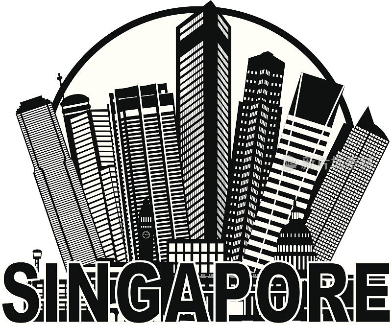 新加坡城市天际线圈黑白矢量插图