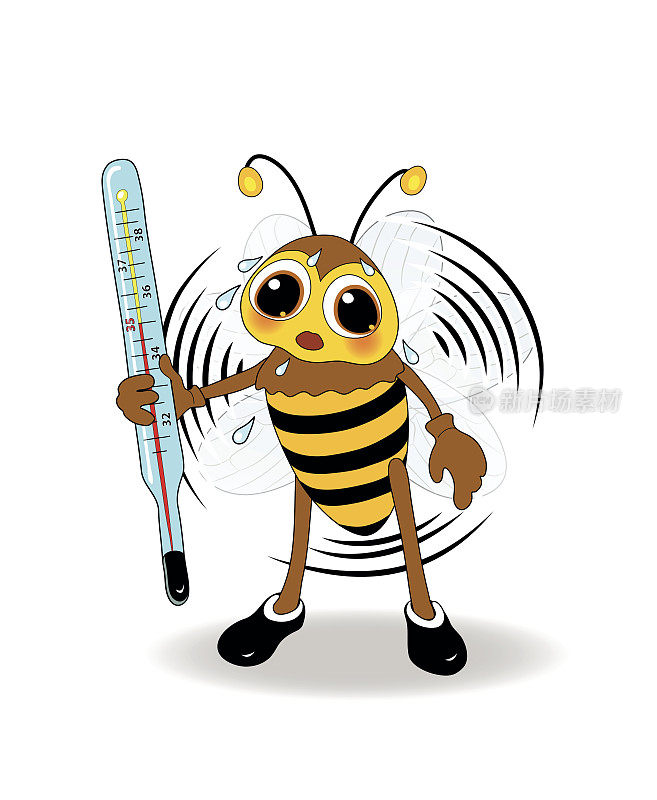 手拿温度计、翅膀旋转、出汗的蜜蜂发出持续35°C的嗡嗡声。它们的翅膀每秒可以发出245次。