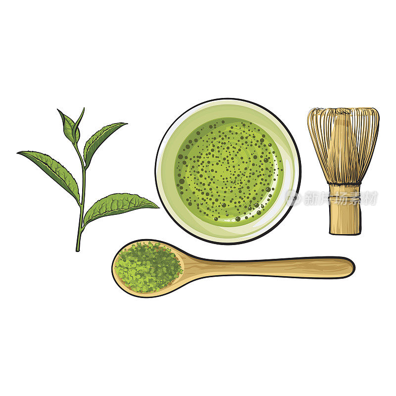 抹茶粉碗，木勺和搅拌器，绿茶叶