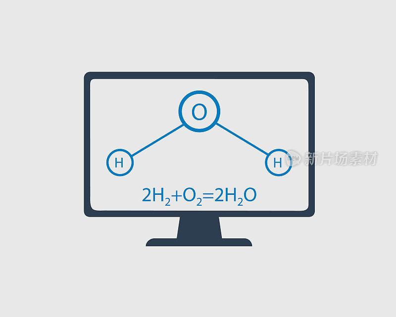化学图标。用计算机屏幕计算水的一般方程和结构方程。