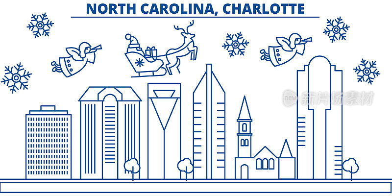 美国北卡罗来纳州夏洛特冬季城市的天际线。圣诞快乐，新年快乐的横幅装饰。冬天的贺卡上有雪花和圣诞老人。平,行向量。线性圣诞插图