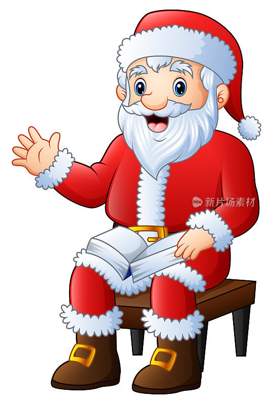 卡通圣诞老人在木椅上挥手看书