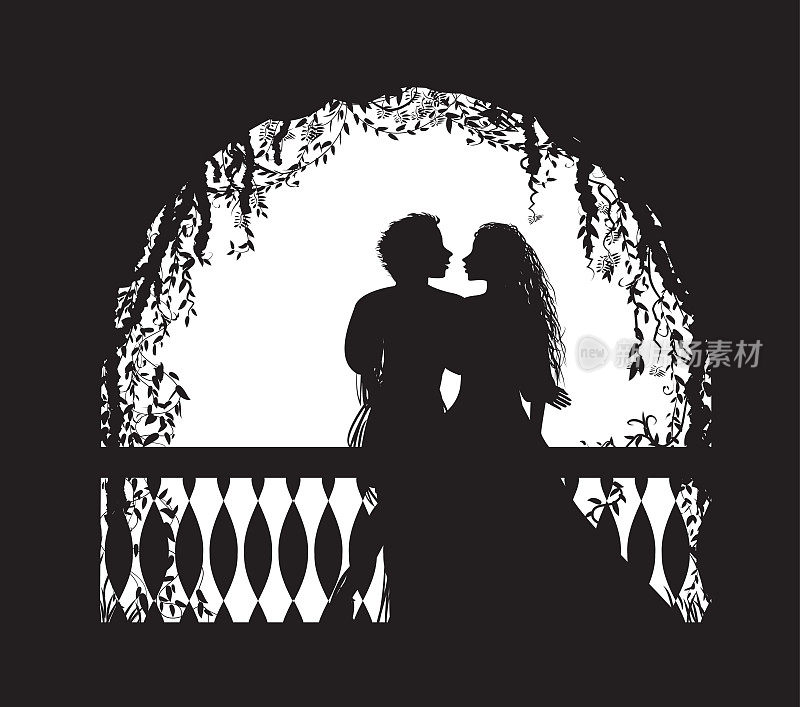 莎士比亚在阳台上演《罗密欧与朱丽叶》，浪漫的约会，剪影，爱情故事，