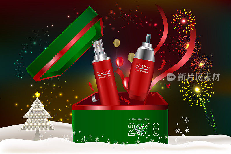 红色化妆品容器在打开的礼品盒与广告背景准备使用，假日概念护肤广告