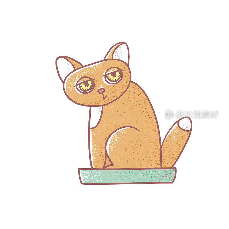 纹理颜色向量孤立的插图可爱的情绪姜小猫。猫的脸表现出疲倦。小野猫在猫砂箱里大便。画了线条，画了一幅宠物的画