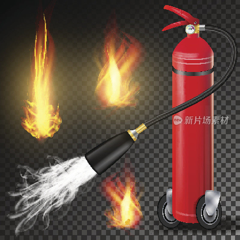灭火器向量。燃烧的火焰火焰和金属光泽3D现实红色灭火器。透明的插图