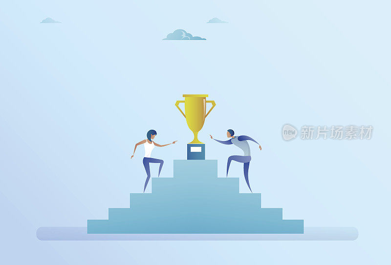 商业人士爬楼梯到金杯赢家成功竞赛概念