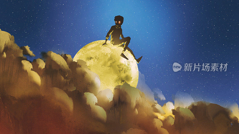 男孩坐在夜空中云后的发光的月亮上