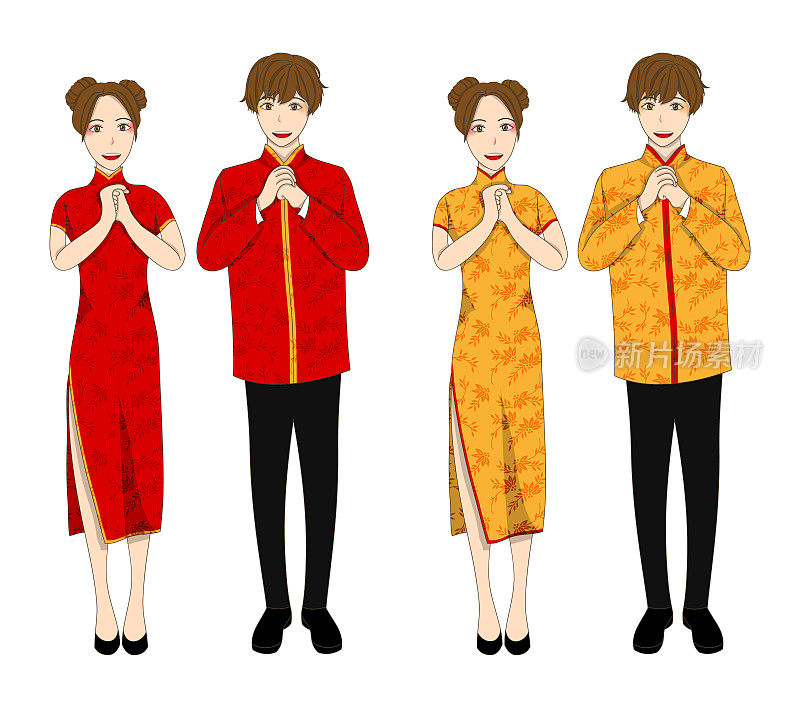 穿着红色和金色旗袍的中国女人和男人。