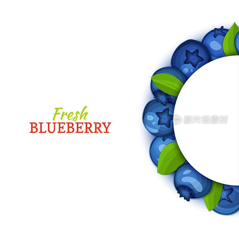 半圆形的彩色框架组成的美味的蓝莓水果。矢量插图。蓝越桔半圆框设计用于食品包装、果汁、早餐、化妆品、茶排毒饮食。