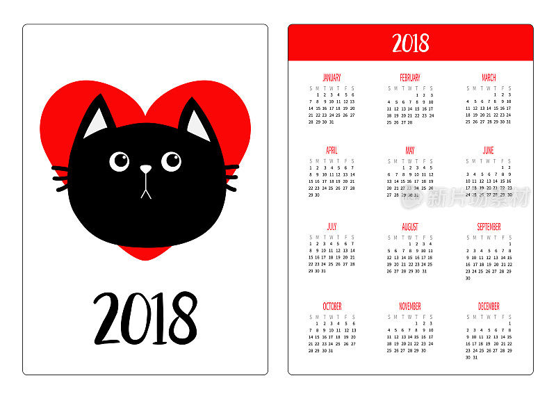 口袋日历2018年。上周星期天开始。黑猫的头。红色的心。平面设计。可爱有趣的卡通人物。情人节快乐悲伤情绪Kitty宝贝宠物收藏。白色背景