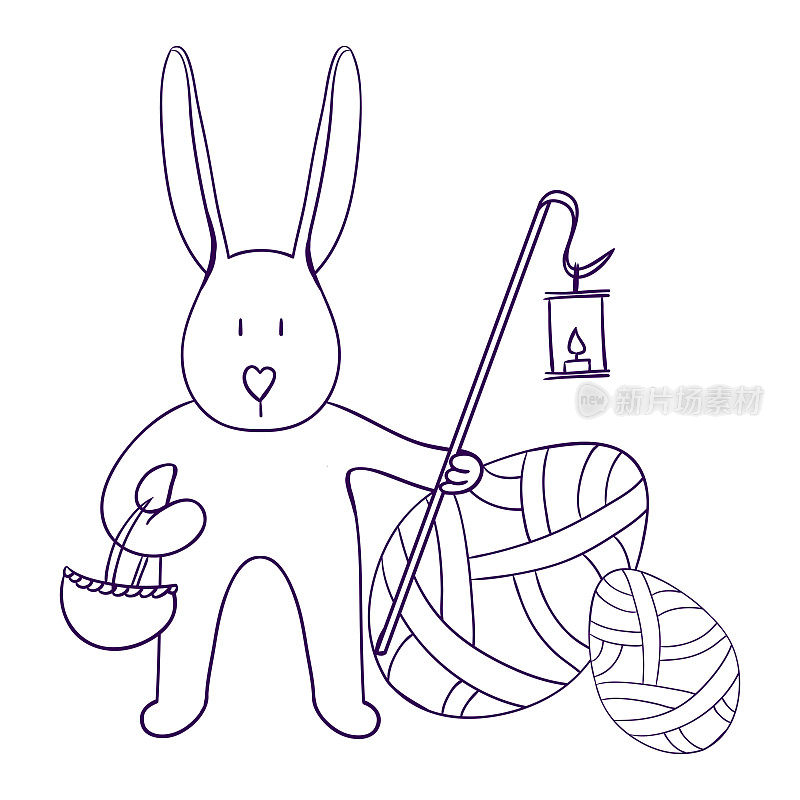 复活节插图。兔子在鸡蛋的背景上拿着一个篮子和一个手电筒。儿童着色书。孤立的向量