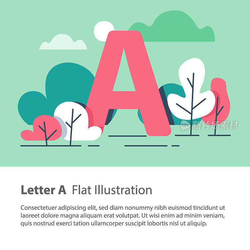 装饰字母，字母A在花卉背景，公园树木，简洁字体，教育理念