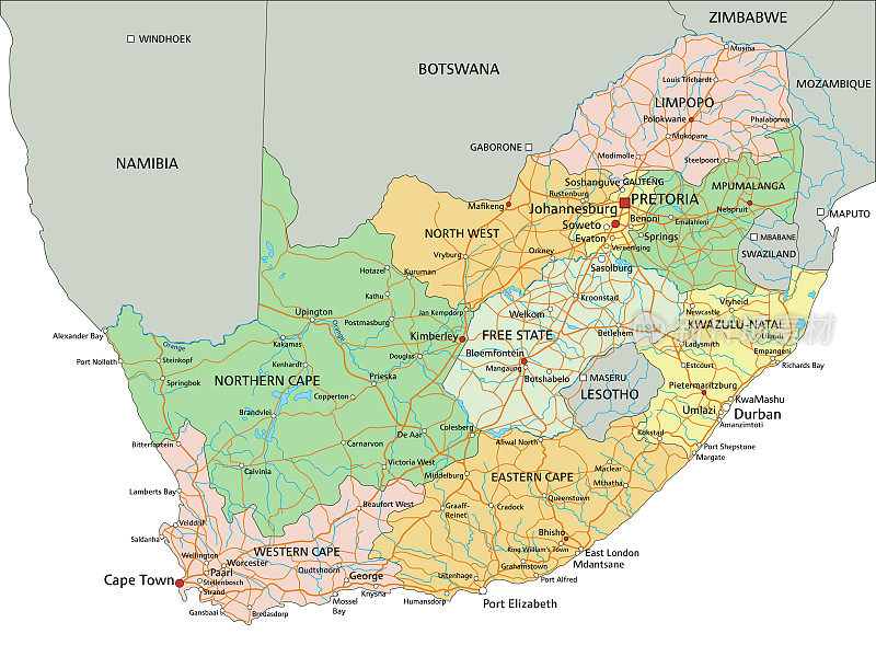 南非-高度详细的可编辑的政治地图与标签。