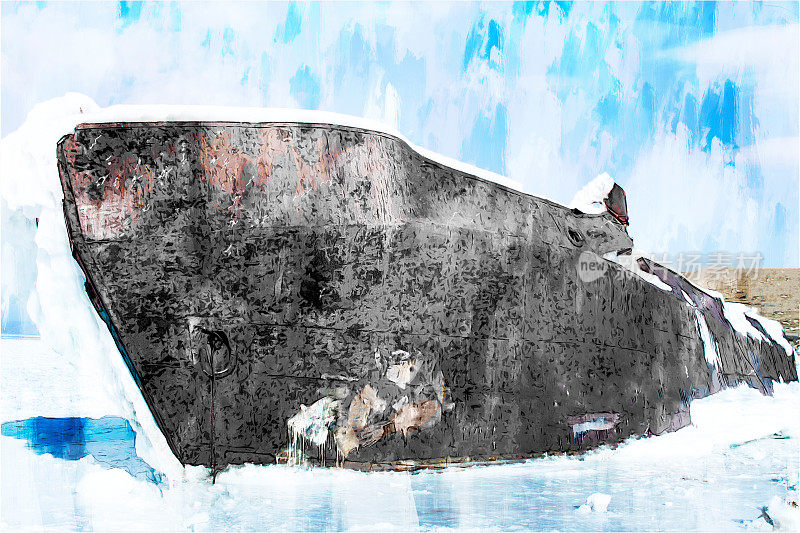 数字画的船舶在冰湖对抗蓝天在冬天