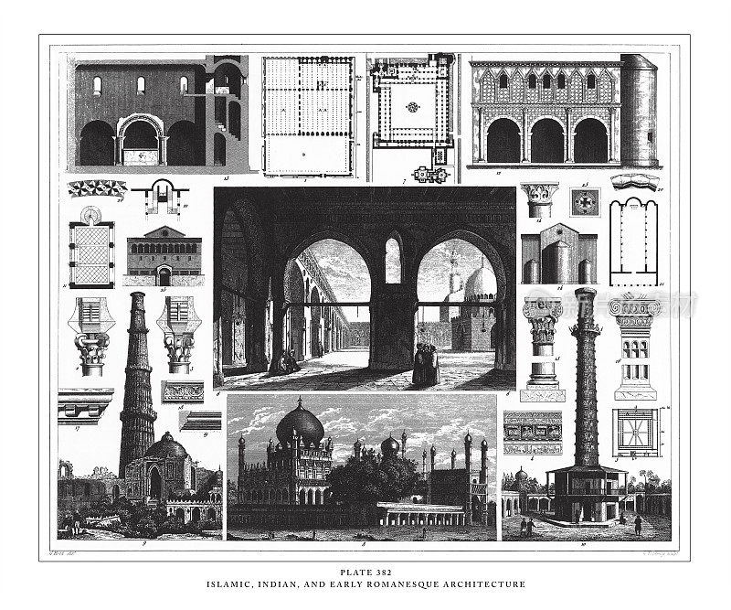 伊斯兰，印度和早期罗马式建筑雕刻古董插图，出版于1851年