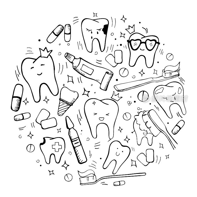 手绘牙科和正畸矢量套装:带牙套的牙齿，种植体，健康牙齿，冲洗器，牙刷，牙膏，漱口水，牙间和正畸刷，间隙，牙线。