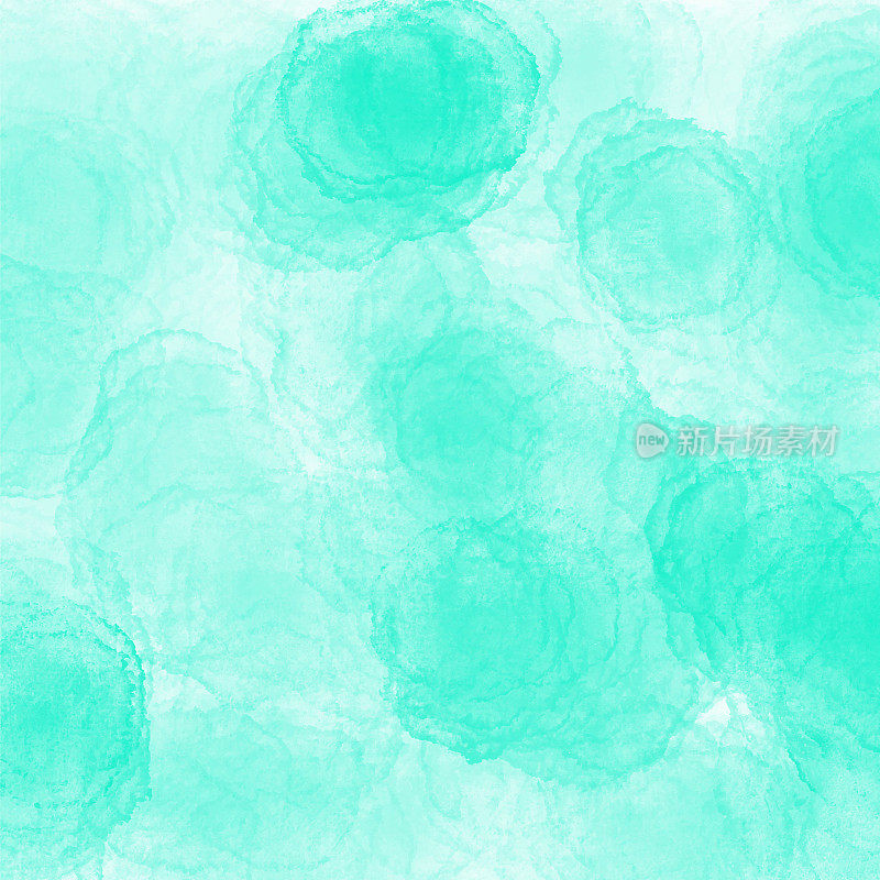 绿松石蓝色颜料溅出水滴的颜色边界。水彩笔触设计元素。蓝绿色手绘抽象纹理。