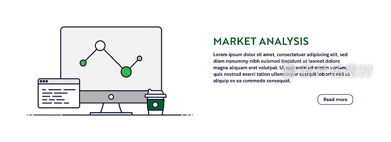 市场分析概念与线计算机插图。最小设计的网站横幅，海报，传单和手册模板与数据图表图标。