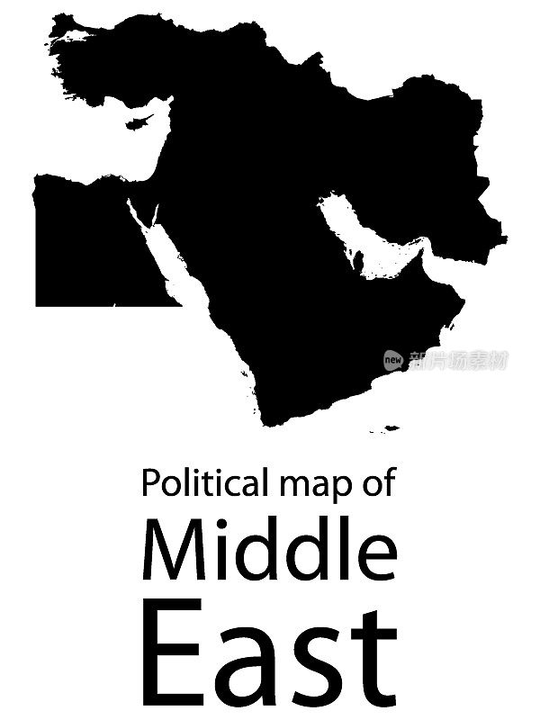中东黑色政治地图-有国家边界和姓名标签