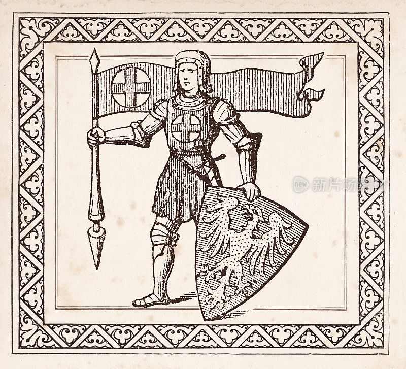 15世纪有盾牌和旗帜的中世纪骑士