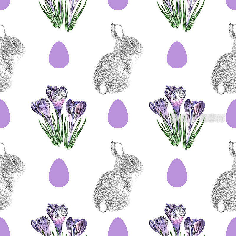 番红花和复活节兔子水彩和墨水矢量无缝模式